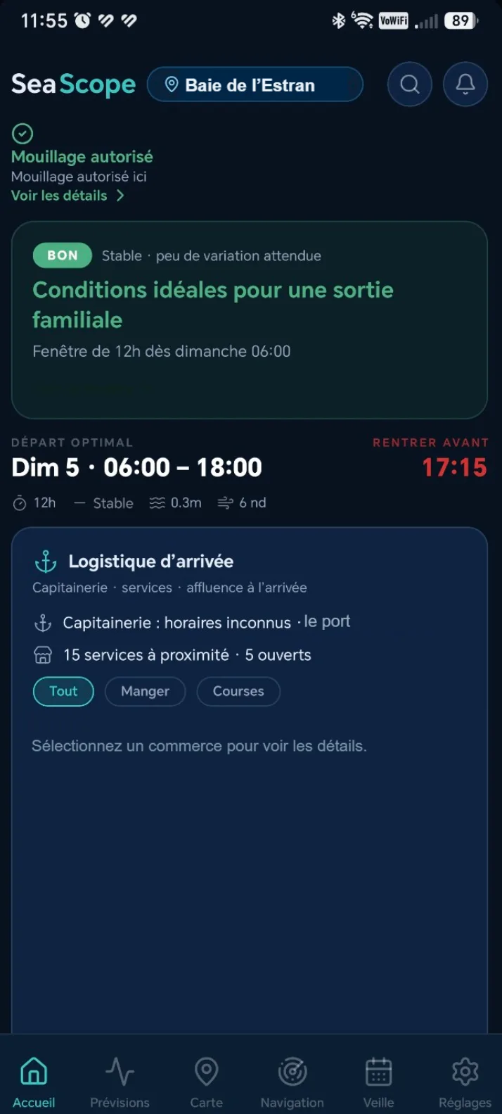 Tableau de bord SeaScope — verdict BON, fenêtre idéale calculée