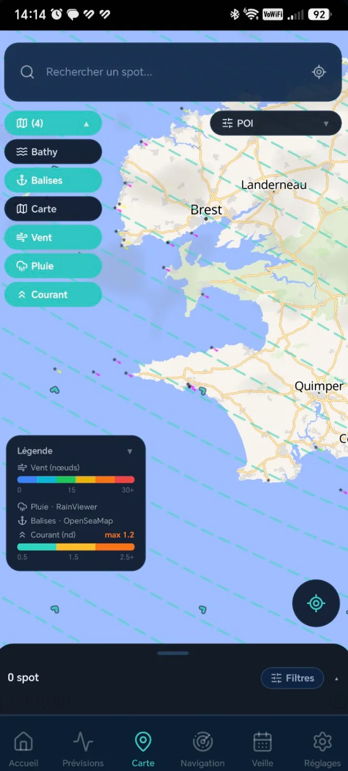 Carte SeaScope — spots, balises, courants, bathymétrie superposés