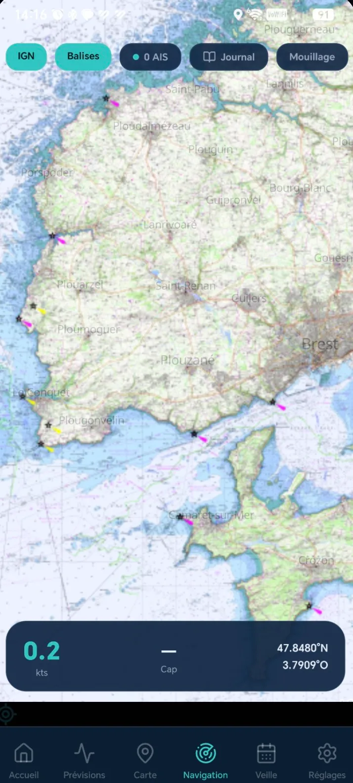 Écran navigation SeaScope — carte IGN + tracé de route + AIS